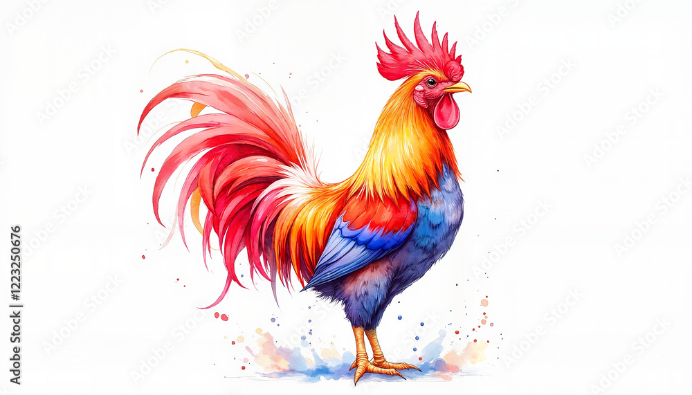 Fototapeta premium Watercolor painting of a vibrant rooster with colorful feathers in a realistic and artistic style on white background