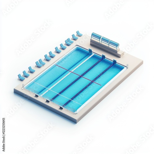 3D icon cartoon Olympic-sized swimming pool with lanes, isolated on a white background 