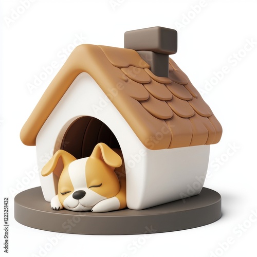 3D icon cartoon of a dog house with a sleeping puppy, isolated on a white background photo