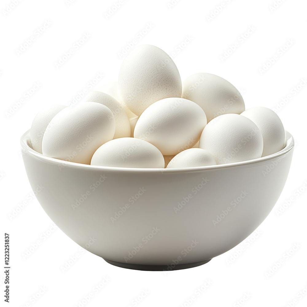 White bowl filled with eggs isolated on white and transparent background White bowl filled with eggs isolated on white and transparent background