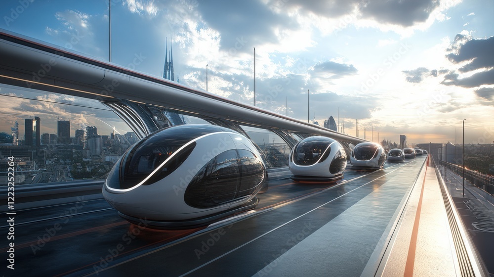 Fototapeta premium Automated sky pods connecting directly to ground-based self-driving cars, seamless design