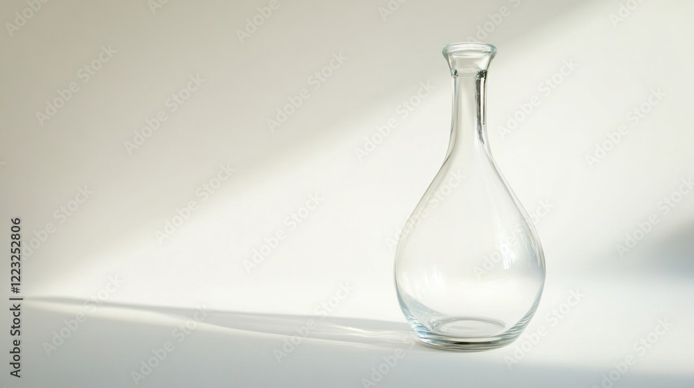 Elegant clear glass decanter on a white surface with soft natural light shadows casting beautifully Elegant clear glass decanter on a white surface with soft natural light shadows casting beautifully