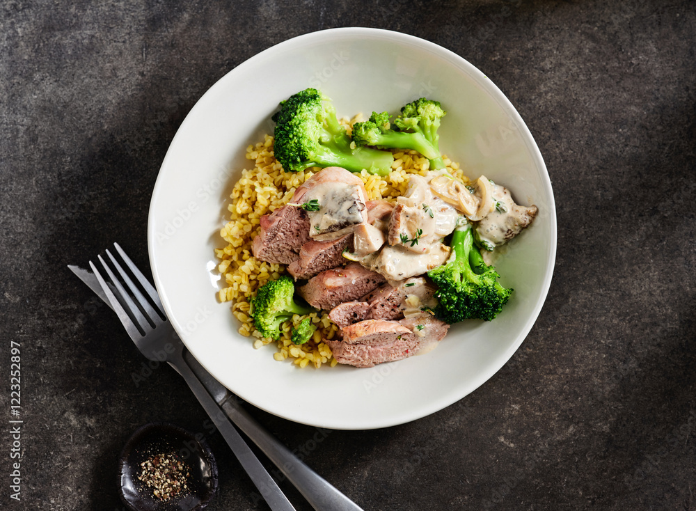 Tender pork is sliced and served on a bowl of fluffy bulgur wheat, accompanied by vibrant steamed broccoli and a rich creamy sauce. Perfect for a healthy meal Tender pork is sliced and served on a bowl of fluffy bulgur wheat, accompanied by vibrant steamed broccoli and a rich creamy sauce. Perfect for a healthy meal