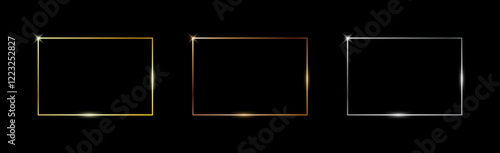 Gold, silver and bronze thin frames. Metal rectangle frame with glow shine and light effects. Photo or picture realistic empty borders isolated on black background. Vector.
