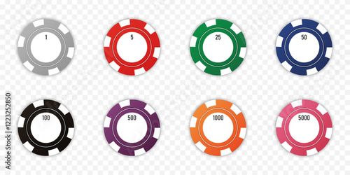 Casino chips set of different colors. Poker, roulette and casino gambling chips collection. Gambling coins isolated at transparent background with shadow. Vector.