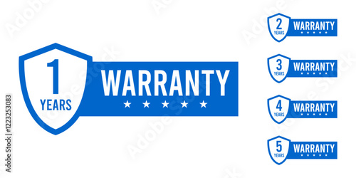 Warranty icons set in shield form. Warranty symbol for 1, 2, 3, 4 and 5 years guarantee. Blue minimalist label or stamp to confirm guarantee. Vector.