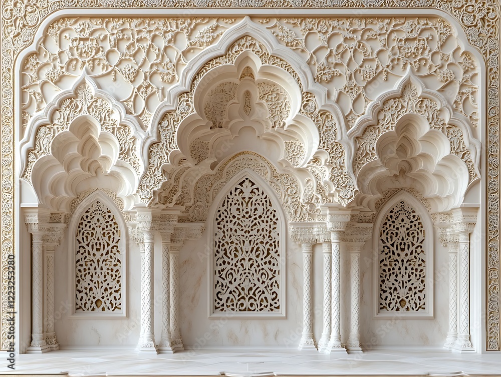 Obraz premium Intricate white stone carving with arches and latticework.