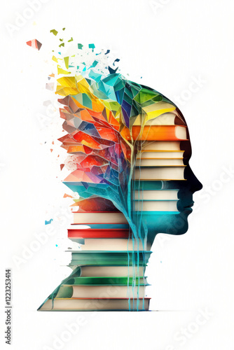 Books growing into colorful knowledge in human head silhouette. Stack of books forming a human head silhouette with colorful crystal tree growing from it, symbolizing knowledge and education