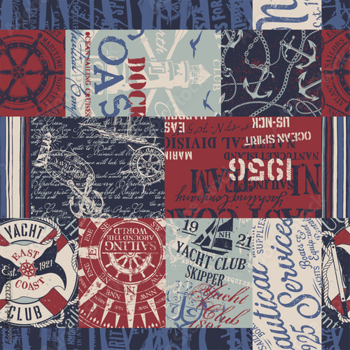 Nautical yachting sailing elements grunge patchwork vintage marine vector seamless pattern  for fabric wear shirt  tablecloth wrapping pillow
