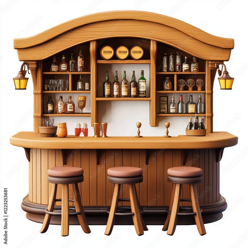 Fototapeta premium 3D icon cartoon home bar with stools, isolated on a white background --