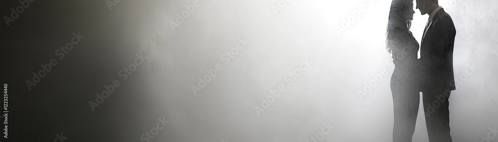Couple silhouetted in fog, intimate moment, romantic setting, relationship imagery Couple silhouetted in fog, intimate moment, romantic setting, relationship imagery