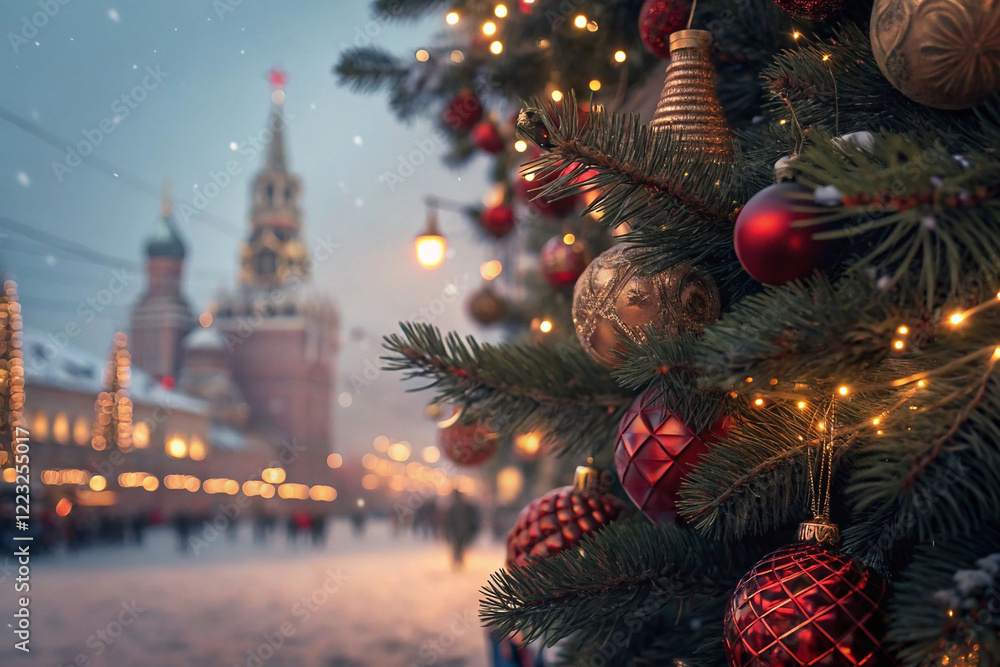 Fototapeta premium Decorated Christmas tree with blurred snowy city square background at night.