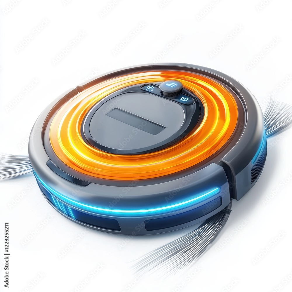 3D icon cartoon robotic vacuum cleaner in motion, isolated on a white background 