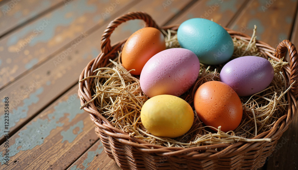 Colorful Easter eggs in a wicker basket on a rustic wooden background with copy space Colorful Easter eggs in a wicker basket on a rustic wooden background with copy space