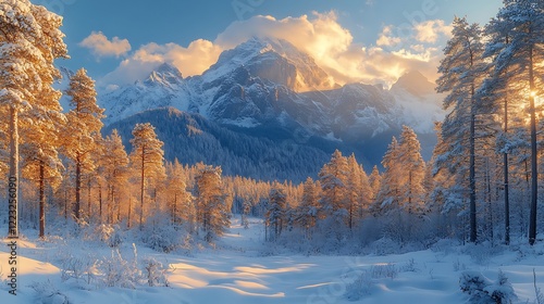 Wallpaper Mural Majestic Winter Sunrise in the Alps: A Breathtaking Panorama of Snow-Covered Peaks and Golden Pines Torontodigital.ca