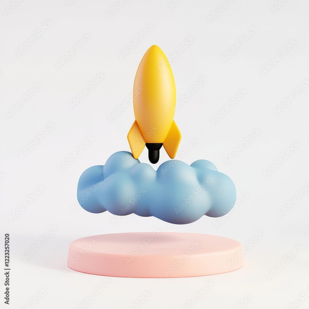 A colorful rocket is launched from a fluffy cloud, resting on a circular pink platform, symbolizing creativity and aspiration. A colorful rocket is launched from a fluffy cloud, resting on a circular pink platform, symbolizing creativity and aspiration.