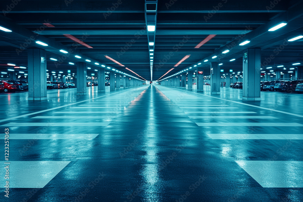 Empty, modern parking garage; sleek, blue-lit interior. Empty, modern parking garage; sleek, blue-lit interior.