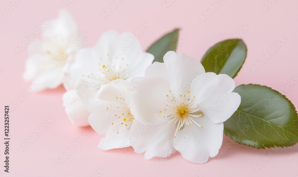 White Camellia Flowers on Soft Pink Background, Delicate Floral Arrangement with Green Leaves, Elegant and Serene Aesthetic White Camellia Flowers on Soft Pink Background, Delicate Floral Arrangement with Green Leaves, Elegant and Serene Aesthetic