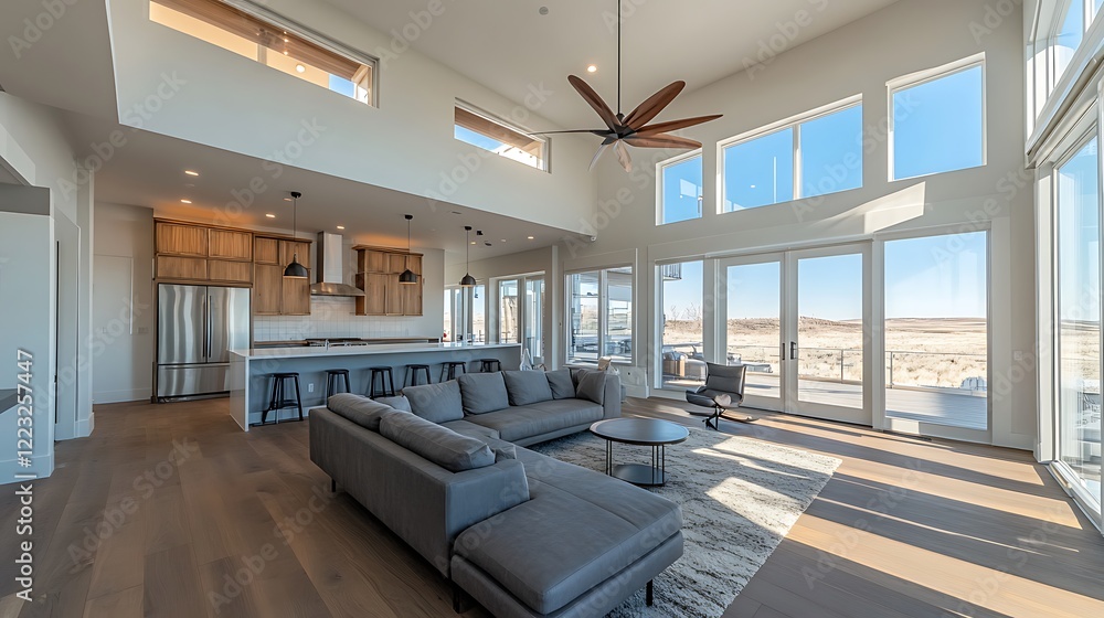 Fototapeta premium Modern Living Room Design With Open Kitchen And Scenic Views