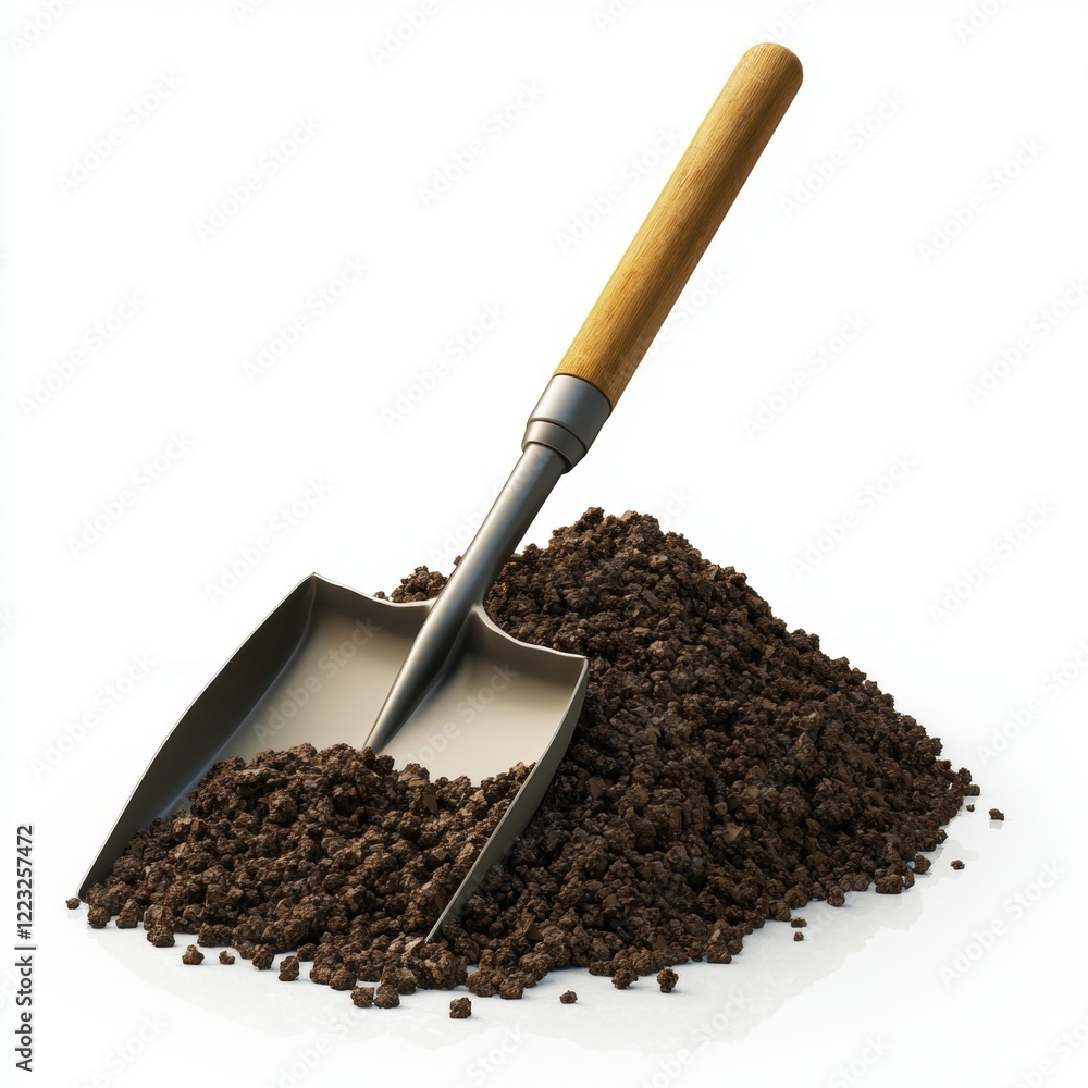 3D icon cartoon shovel digging into the soil, isolated on a white background 3D icon cartoon shovel digging into the soil, isolated on a white background