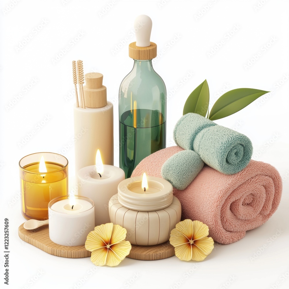 3D icon cartoon of spa essentials like candles, towels, and oils, isolated on a white background --quality 2 3D icon cartoon of spa essentials like candles, towels, and oils, isolated on a white background --quality 2