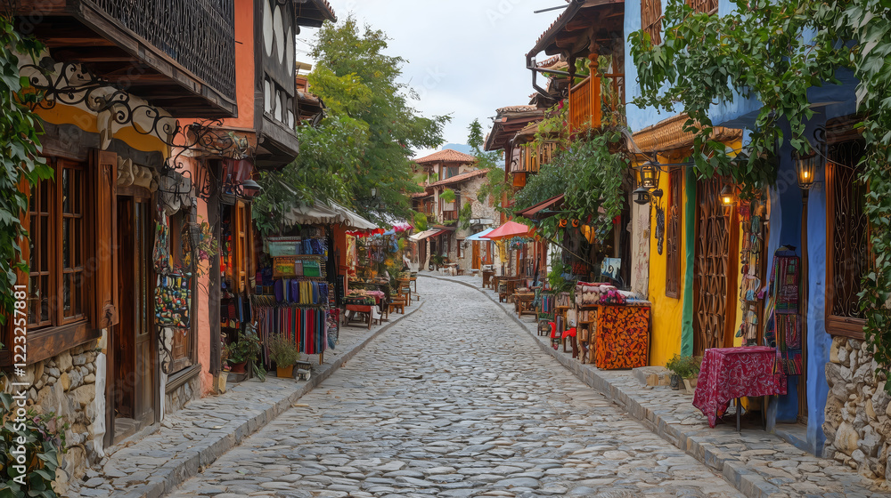 Fototapeta premium Charming Cobblestone Street in Colorful Historic Village Scene