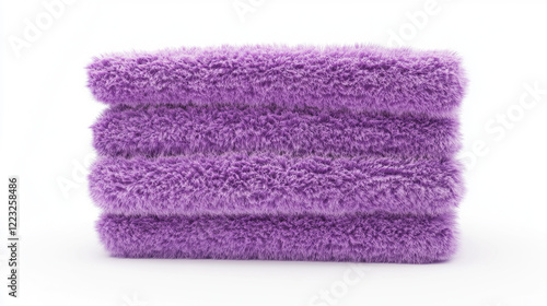 Stacked Soft Fluffy Purple Towels on White Background