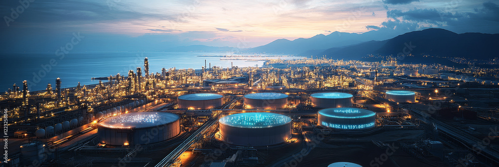 Fototapeta premium Night view of illuminated coastal refinery complex.