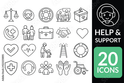 Professional Help and Support Icons - 20 Minimalist Line Art Symbols for Care and Medical Aid