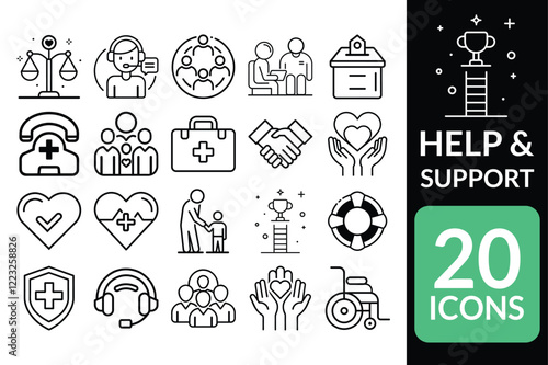 Minimalist Help and Support Icons - 20 Outline Designs for Care, Assistance, and Health Needs