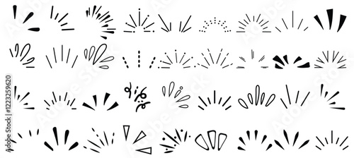doodle sparkle vector set, sunburst, rays, starburst, hand drawn elements illustration, black lines, outline, decorative, retro style. Suitable for graphic design, illustrations, backgrounds, and web