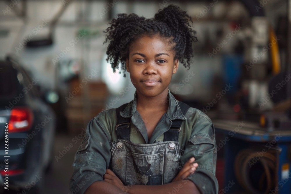 Fototapeta premium Portrait of a young African American female auto mechanic in workshop