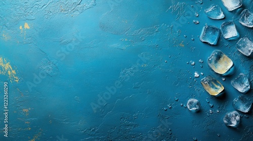 Ice cubes on blue textured background.
