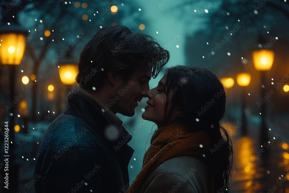 Obraz premium A couple kissing in rain under soft street lights creates a romantic ambiance, perfect for celebrating Saint Valentine's Day in a cozy atmosphere.