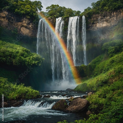 A stunning rainbow arches over a powerful waterfall, with mist rising from the cascading water and lush green foliage framing the scene, creating a magical and serene atmosphere.