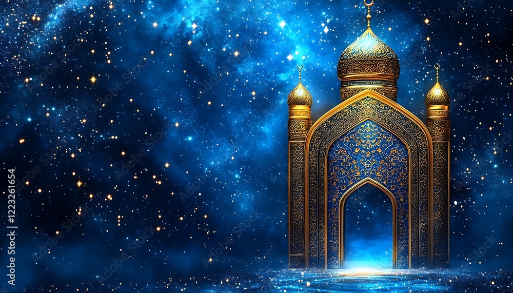 Obraz premium Ornate mosque gate under starry night.