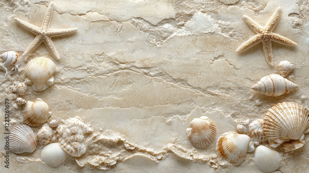 Obraz premium Close-up of sandy beach treasures featuring seashells and starfish on a calming background