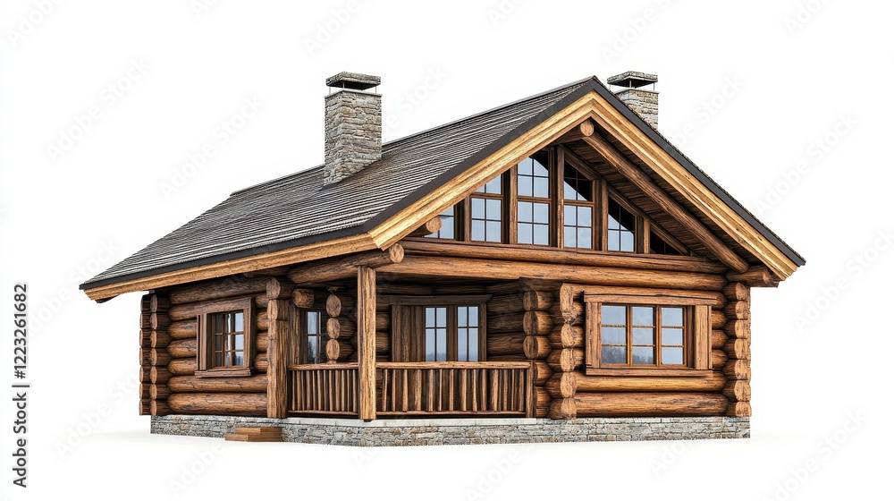 Charming Wooden Cabin with Large Windows and Stone Chimney Charming Wooden Cabin with Large Windows and Stone Chimney