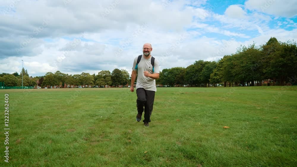 Man running tired with backpack in city park in UK. Adult man jogging exhausted carrying bag in urban green space in Britain. Middle years man sprinting with fatigue and backpack in recreational area Man running tired with backpack in city park in UK. Adult man jogging exhausted carrying bag in urban green space in Britain. Middle years man sprinting with fatigue and backpack in recreational area