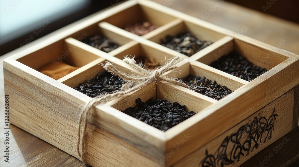 Wooden tea box with engraved compartments for different blends, tied with rustic twine. Wooden tea box with engraved compartments for different blends, tied with rustic twine.