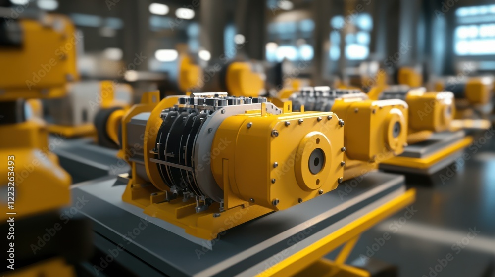 Yellow industrial robotic units aligned in a modern manufacturing facility Yellow industrial robotic units aligned in a modern manufacturing facility