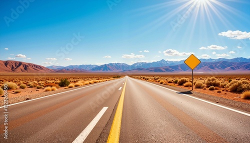 Sunny desert road with caution sign and mountains in the background on a bright day