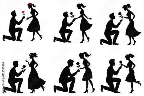 a man proposing to a woman with rose black silhouette