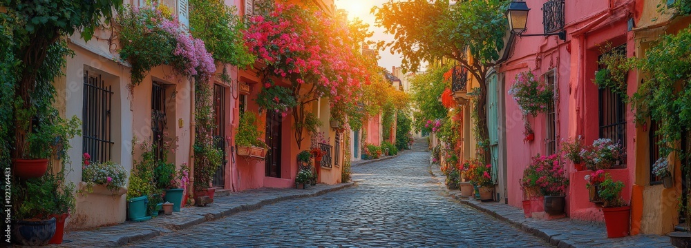 Fototapeta premium Spring morning in Montmartre with cobblestone street and vibrant flowers