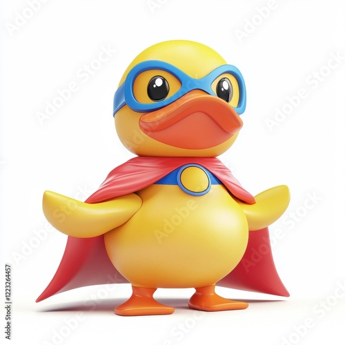 3D icon cartoon of a rubber duck in a superhero costume, isolated on a white background