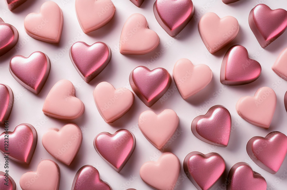 Pink heart-shaped chocolates on a white background Pink heart-shaped chocolates on a white background
