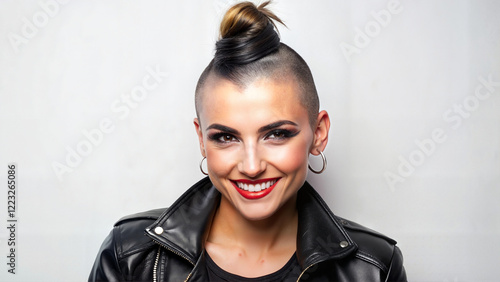 Woman with undercut hairstyle and bold leather jacket look photo