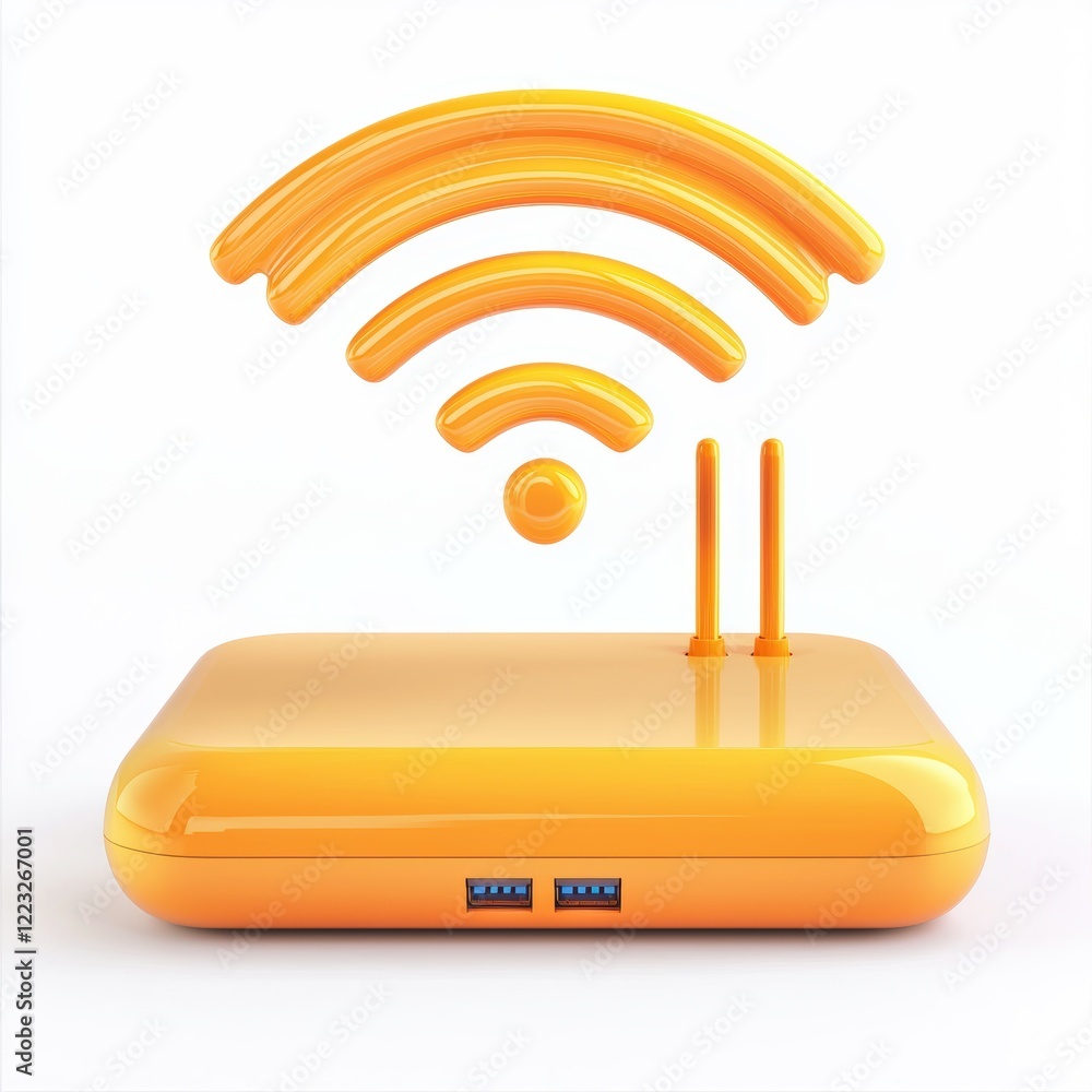 3D icon cartoon Wi-Fi symbol above a router, isolated on a white background 3D icon cartoon Wi-Fi symbol above a router, isolated on a white background