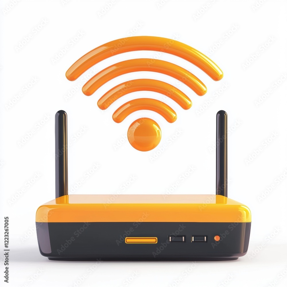3D icon cartoon Wi-Fi symbol above a router, isolated on a white background 3D icon cartoon Wi-Fi symbol above a router, isolated on a white background