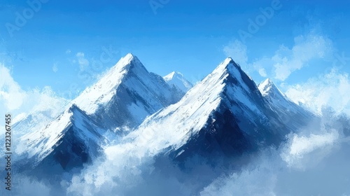 Wallpaper Mural Illustration of majestic mountains with snow-capped peaks under a clear sky. Torontodigital.ca